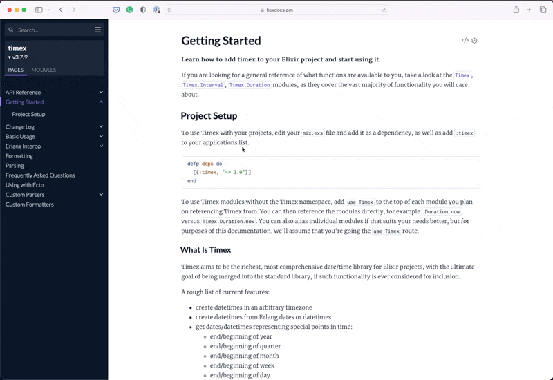 Screencast of a user typing the version dropdown under the application name in
the "timex" documentation, revealing all the
versions.