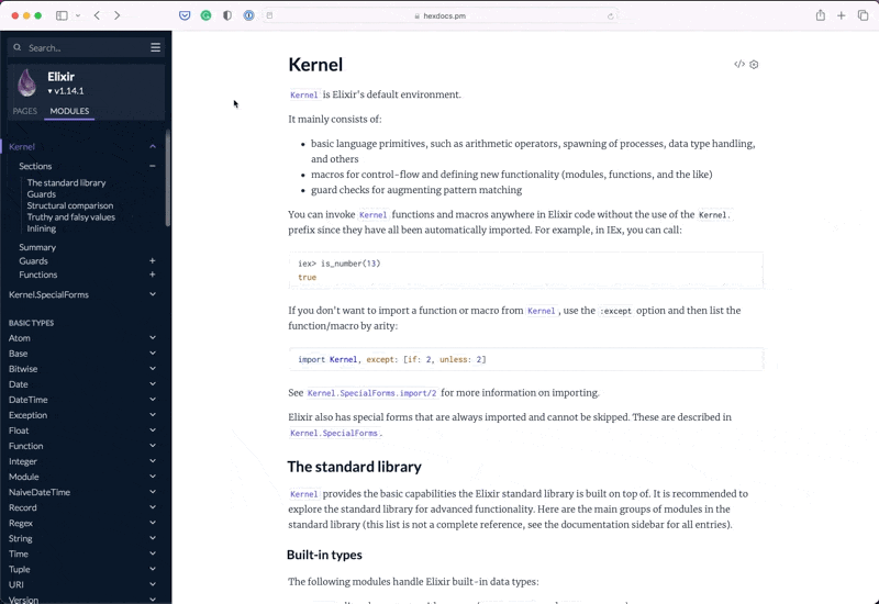 Screencast of a user typing the word "Enum" in the search bar of Elixir's
documentation and letting it autocomplete the module. Then, the user types
"Range" and both modules and functions show
up.