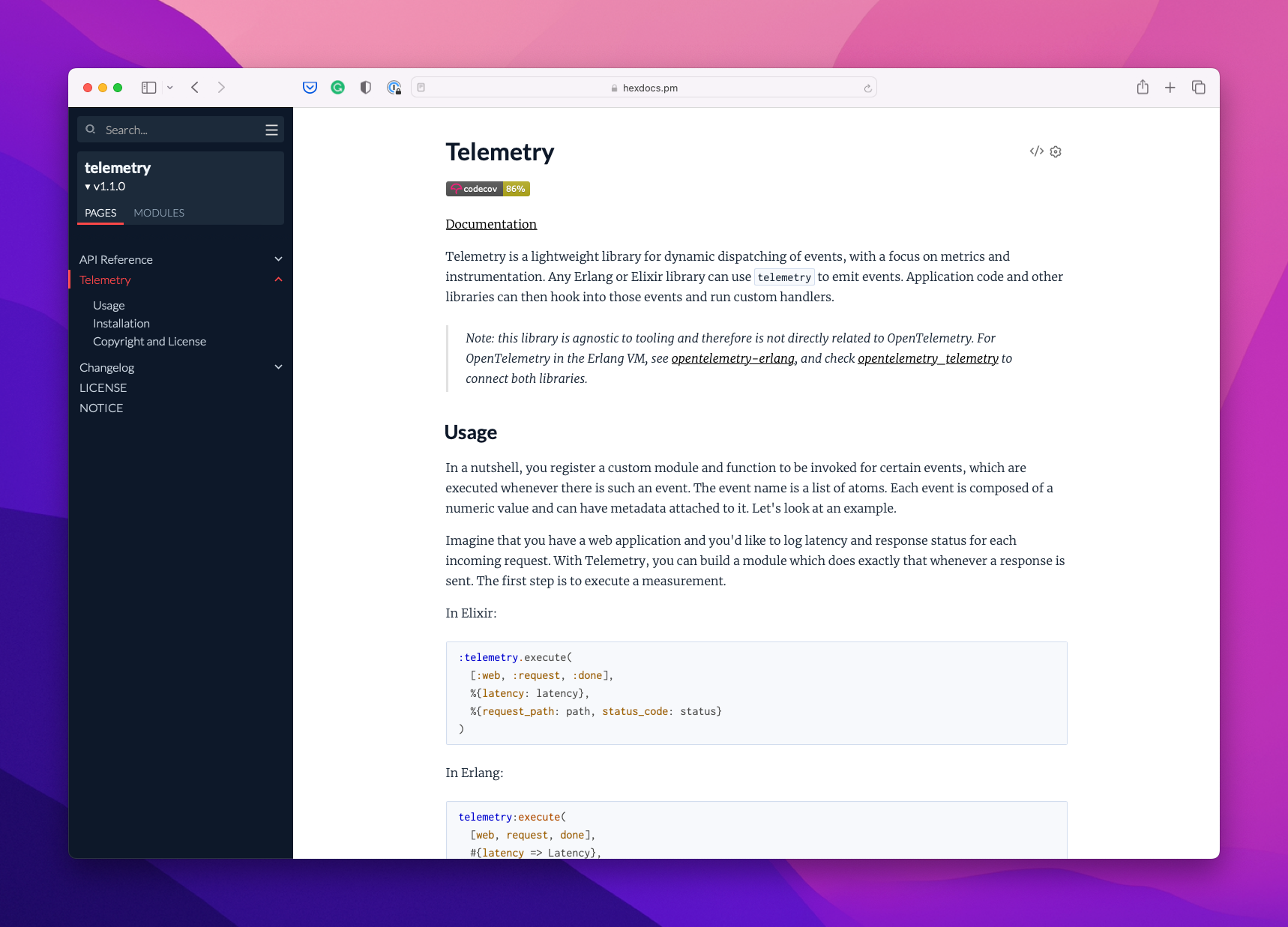 Screenshot of "telemetry" documentation generated with
ExDoc