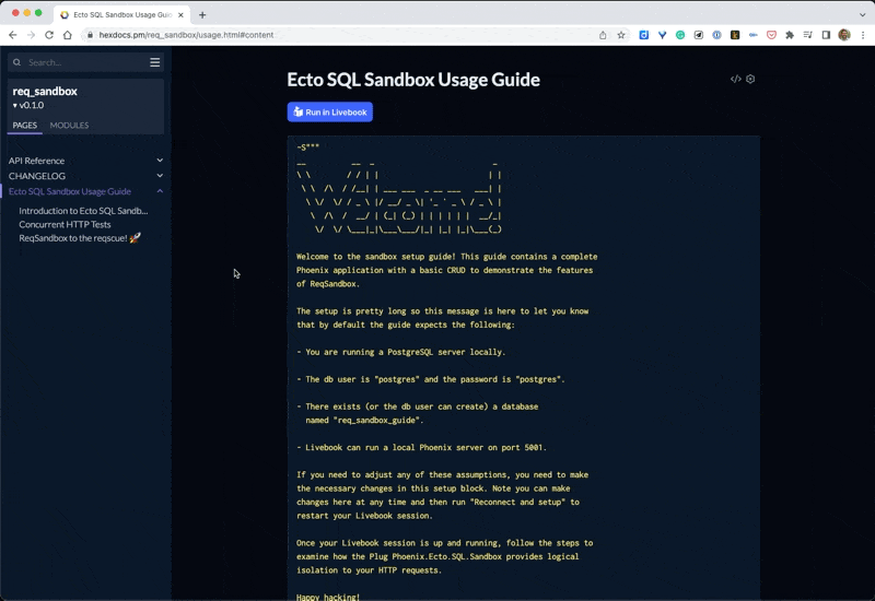 Screencast of a user navigating through the "req_sandbox" documentation,
finding a Livebook, clicking "Run in Livebook", and using the Livebook that
opens up on their local machine.