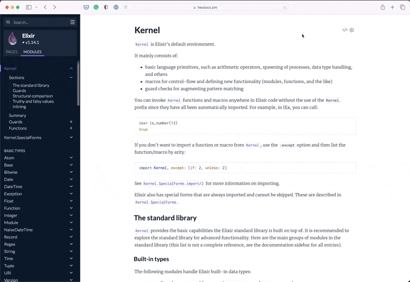Screencast of a user enabling the g shortcut to search through dependencies
documentation and then using it to search for "phoenix_live" in the
documentation for Nerves.