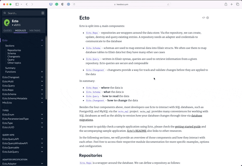 Screencast of a user exploring the guides in the Ecto
documentation