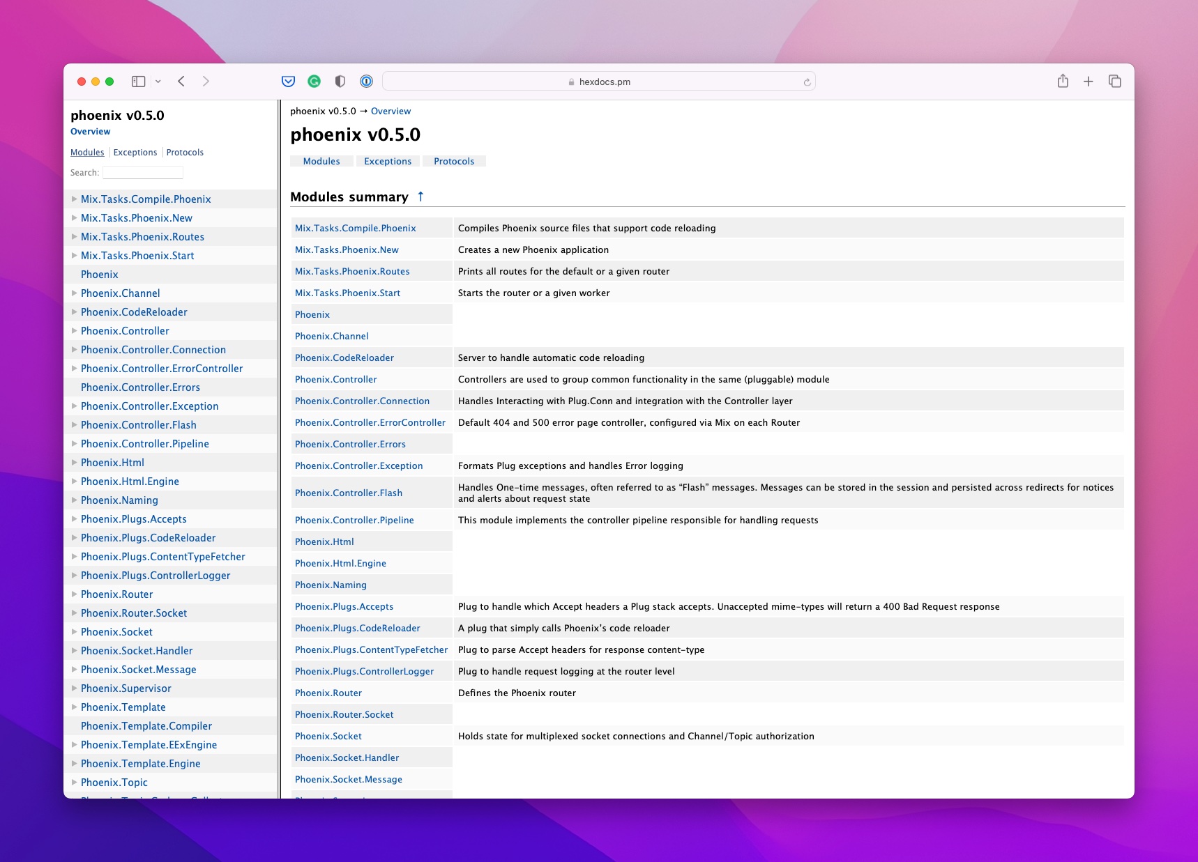 Screenshot of the Phoenix v0.5.0 documentation generated with an early version
of ExDoc