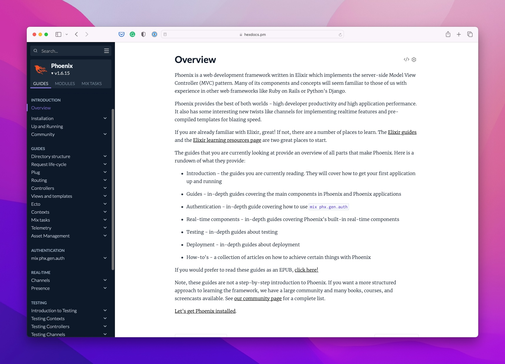 Screenshot of the Phoenix v1.6.15 documentation generated with current
ExDoc