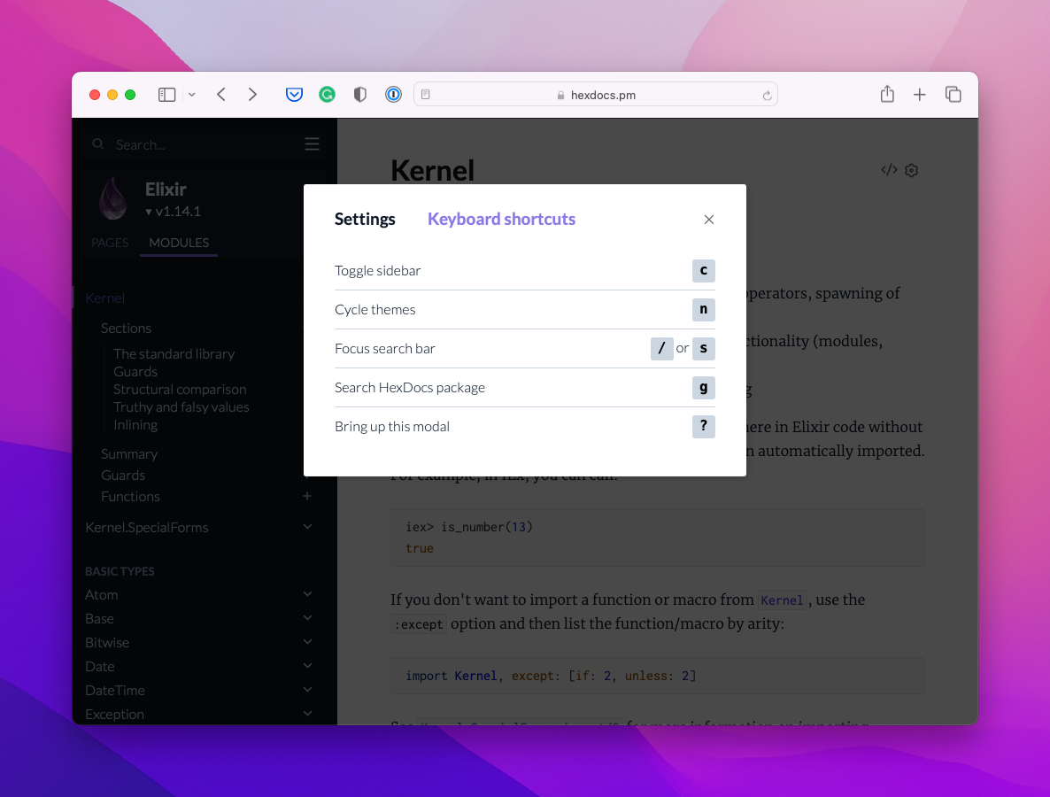 Screenshot of the keyboard shortcuts that you can enable in
ExDoc